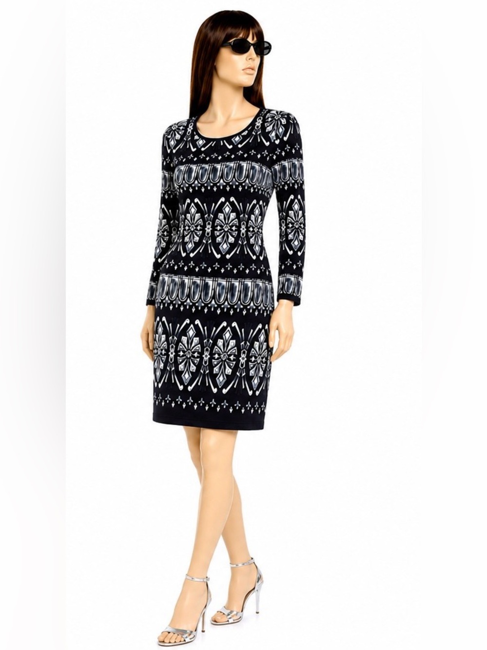 Tory Burch Rossella Black Patterned Silk Long Sleeve Mini Sheath Dress Size M